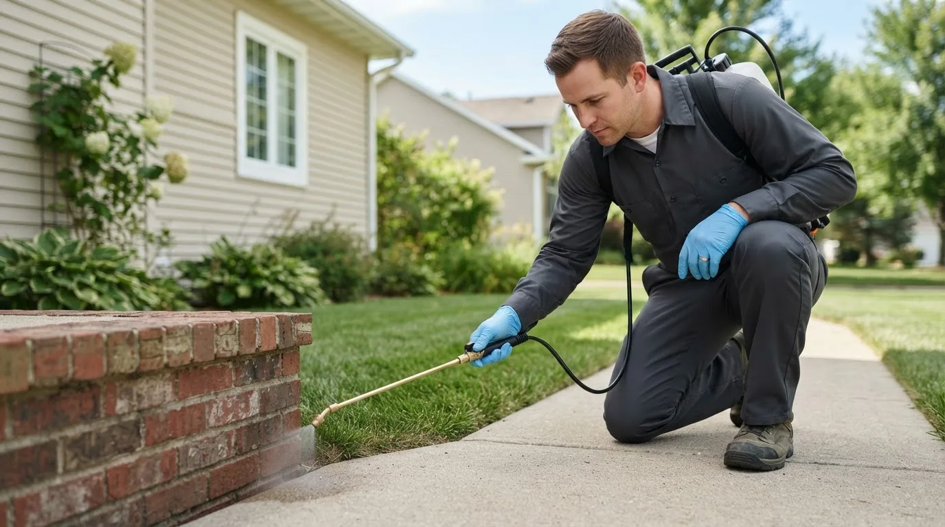 Pest control technician treating a home near Tionesta, PA